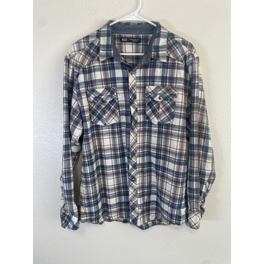 BKE Mens XL Plaid Flannel Button Down Blue‎ Brown Excellent Western Snap Peals